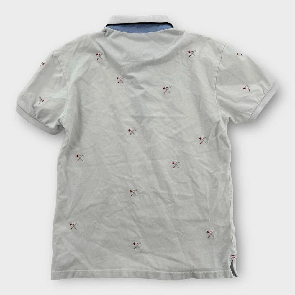 Zara Polo Shirt Mens Small White‎ Embroidered All Over Sports Print Slim Fit